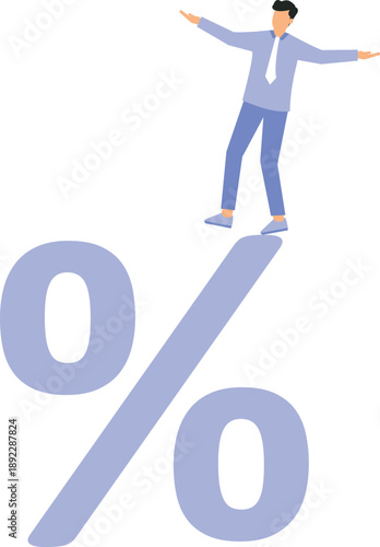 Risky interest rate slow down or investment crisis, risk of economic recession, unstable financial or banking debt problem concept, businessman balance on percentage stack concept
