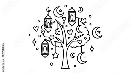 Whimsical Celestial Tree Decoration: A charming illustration featuring a whimsical tree adorned with celestial elements like moons, stars, lanterns and hearts.