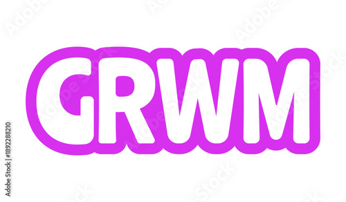 GRWM bold purple outline cta sticker. Get ready with me. Fashion content creator. Beauty routine. Daily glam. Playful bubble text. Digital word. Magenta phrase. Web design. Ranchers font used