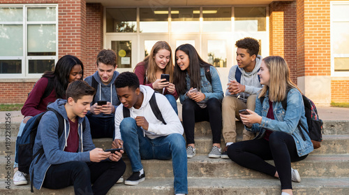 Teen woman shows smartphone to friends. Students on school steps share smartphone moments, smartphone chat for back to school season, safer internet day theme, youth connection concept, copy space