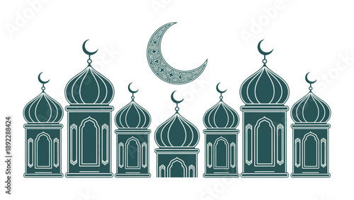 Night Mosque Serenity: A tranquil illustration showcases a row of ornate mosque structures, their silhouettes silhouetted against a serene crescent moon and stars.