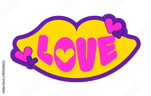 Lip shape love kiss bright sticker isolated. Romance Valentines day. Retro cute design. Romantic vintage Y2K. Badge label. Emblem tag. Bold typography. Flat vector illustration. Decorative element