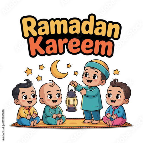 Ramadan Greetings: A heartwarming illustration captures the spirit of Ramadan with four adorable children gathering together for the occasion. The image radiates joy, togetherness.