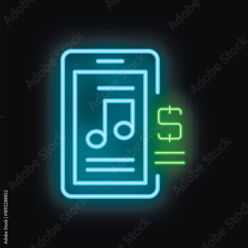 Neon icon of a smartphone displaying a music streaming app and a payment symbol, representing paid online music subscriptions