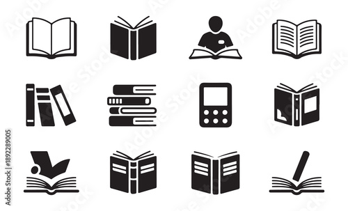 Assortment of twelve book icons showing open books closed books person reading and e-readers