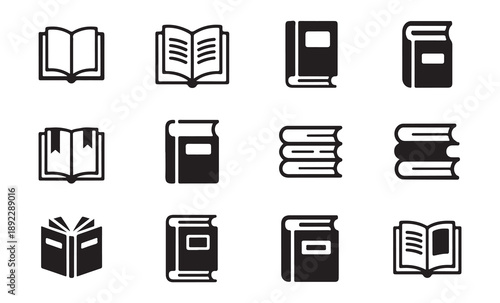 Book icons collection, open books, closed books, stack of books, education and library symbols on white