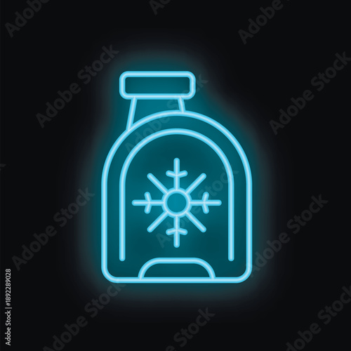 Blue neon icon of antifreeze canister glowing on dark background, concept of winter car care
