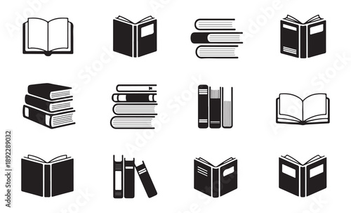 Collection of open and closed book icons with stacks and shelves symbolizing knowledge learning and literature studies vector illustrations
