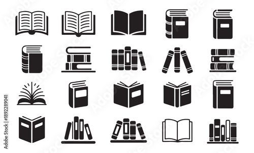 Assorted book icons showing open closed stacked and shelved arrangements conveying concepts of learning knowledge education and literature studies