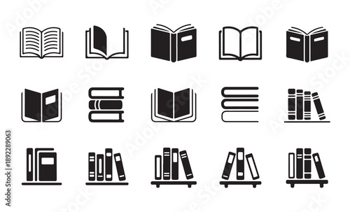 Professional vector icons of books in various states open closed stacked and on shelves symbolizing education knowledge and literature learning