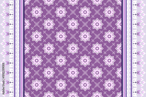 seamless pattern traditional Thai vibrant purple palette floral geometric motifs arranged symmetrical repetitive layout ornate lotus flowers purple white decorative vertical border elements