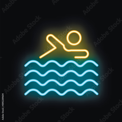 Neon sign of a stick figure swimming in the ocean, illuminated on a dark background
