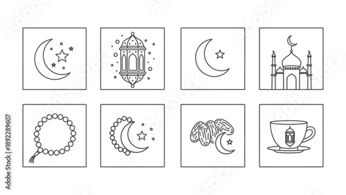 Ramadan Icons: A set of eight meticulously crafted line art icons that capture the essence of Ramadan, featuring the crescent moon, stars, mosque, lanterns, and prayer beads.