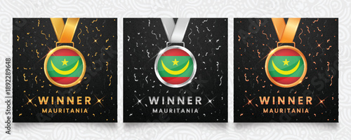 An esteemed set of gold, silver, and bronze medals, prominently displaying the flag of Mauritania, presented on a dark background embellished with festive confetti and shimmering highlights, ideal for