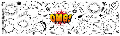 Cartoon explosion vector kit with comic speed lines, bright orange halftone text OMG, burst smoke and broken heart. Superhero impact frame effect for pop animation, doodle air element bundle.