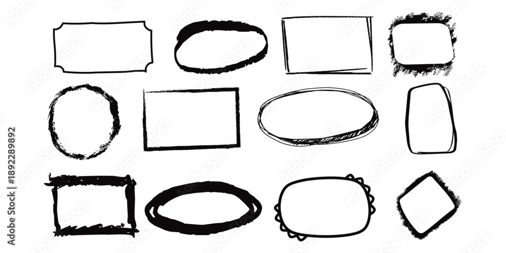 Obraz premium Chalk Scribble Rectangle Highlight Collection. Crayon chalk charcoal pastel stroke square circle oval ellipse collection. Vector borders templates.
