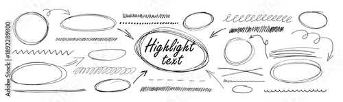 Hand drawn black pen collection showing round circle underline marks with doodle arrow accents forming vector set kit bundle designed to highlight text through scribble oval line style.