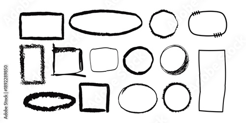 Chalk Scribble Rectangle Highlight Collection. Crayon chalk charcoal pastel stroke square circle oval ellipse collection. Vector borders templates.