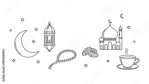 Ramadan Icon Set: A minimalist set of illustrations symbolizing Ramadan's essence: a crescent moon, traditional lantern, rosary, dates, mosque, and a warm cup of coffee.