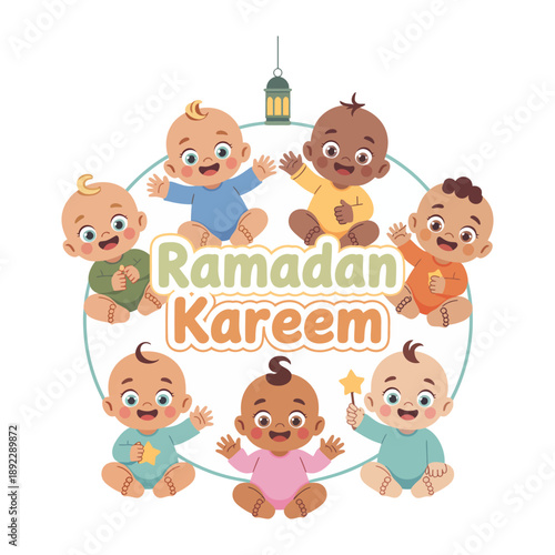 Ramadan Kareem Baby Celebration: Delightful babies, of various skin tones, gather to celebrate Ramadan Kareem, radiating joy, in a heartwarming circle.