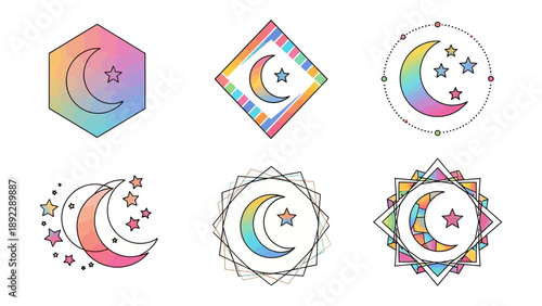 Celestial Icons of Lunar and Stellar Delights: A collection of exquisitely designed celestial icons, each adorned with a crescent moon and a radiant star.