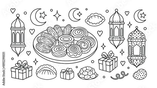 Islamic Celebration: Festive ornaments and delicious treats, the image symbolizes the essence of a cherished holiday.