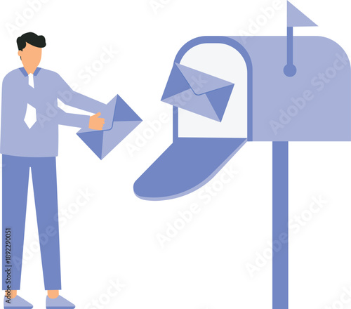 Email Marketing Scenes and Businessman Using Online Postbox and Sending Advertising Emails. Businessman Holding Envelopes and Reading Letters. 
