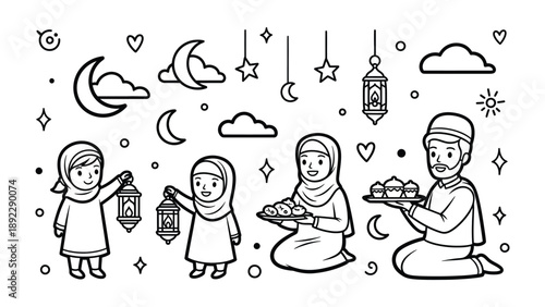 Festive Family Gathering: A heartwarming illustration captures a family joyfully celebrating a cultural festival, marked by traditional lanterns, crescent moons, and stars.