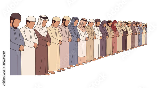 Aligned in Devotion: A solemn row of individuals, clad in traditional attire, stand shoulder to shoulder, absorbed in a moment of reverence. Depicting a scene of unity and spiritual dedication.