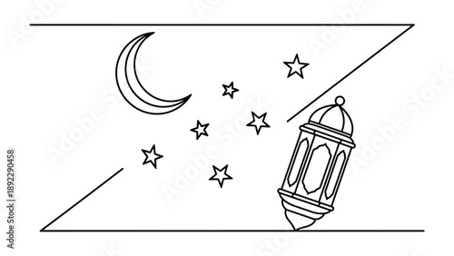 Lunar Lantern: A minimalist monochrome illustration captures the serenity of a moonlit night, featuring a crescent moon, scattered stars, and a decorative lantern, evoking a sense of tranquility.