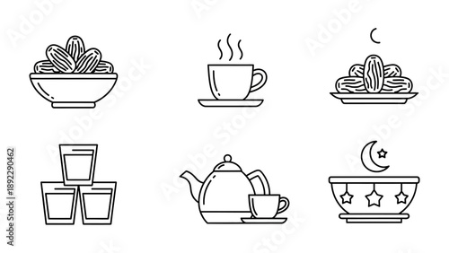 Ramadan Delights: Illustrated icons feature a charming depiction of a spread, featuring a crescent moon and stars, bowls of dates, cups of coffee, and glasses, all essential for celebrating.