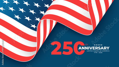 250th anniversary celebration. Independence Day festive banner with waving national flag of the United States. Blue background. Vector illustration.