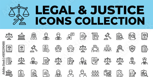  Set of 30 outline icons related to justice scale. Linear icon collection. Editable stroke. Vector illustration 