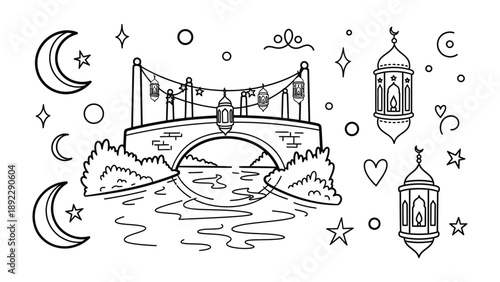 Mystical Bridge Illustration: A charming, outlined illustration of a stone bridge over water, adorned with celestial elements like crescent moons, stars, and decorative lanterns.