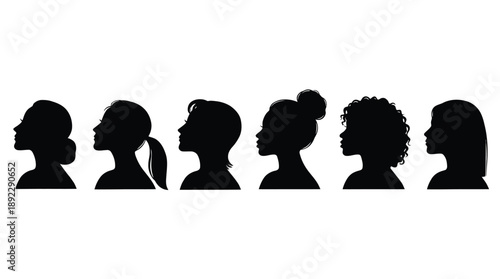 A group of diverse women silhouettes in different hairstyles facing right