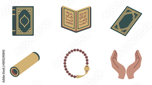 Sacred Symbols: An illustration of key elements of faith, including the holy book, prayer beads and praying hands.