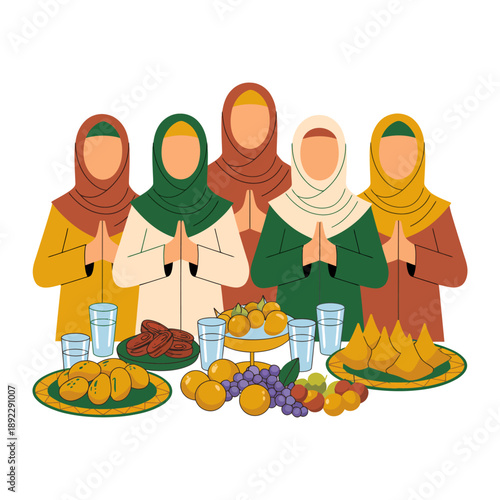 Ramadan Feast Gathering: A gathering of women in traditional attire, set around a table laden with symbolic Ramadan fare, ready to break their fast with each other.