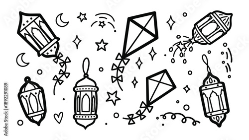 Eid Mubarak: Festive doodle art, capturing a joyous occasion of lanterns, kites, stars, and crescent moon in a line-art style