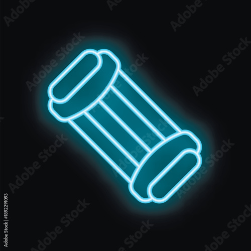 Bright luminous sign depicting an inflatable mattress for camping and travel, glowing blue neon light on a black background
