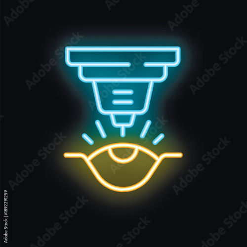 Neon icon of a machine performing laser eye surgery over a black background