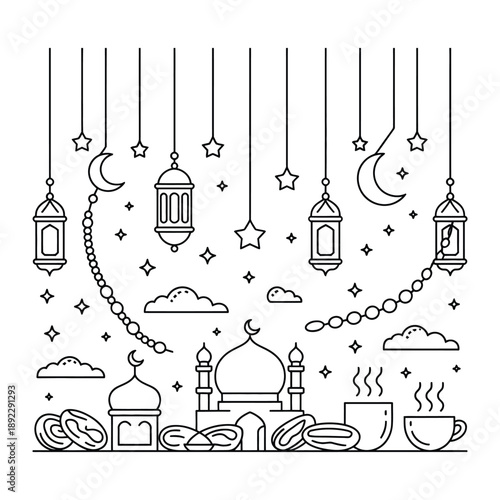 Ramadan Celebration:  A  traditional drawing style illustrates the essence of Ramadan, with hanging lanterns, crescent moons, stars, mosque, and coffee cups.