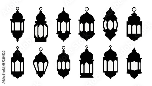 Silhouette Lanterns: A collection of intricately designed silhouette lanterns casts a serene and aesthetic glow, perfect for various design purposes and cultural representation.