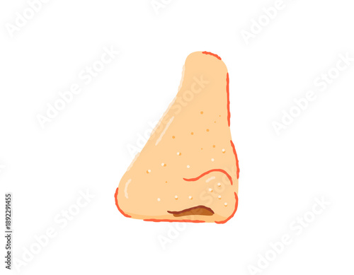 Illustration of a nose with lots of blackheads. Nose with spots. Skin problems, oily, acne, and blackheads. A high nose. Flat outline crayon style. White background.