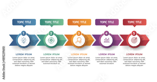 Infographic template for business. 5 Steps Modern Timeline diagram with arrow and topic, presentation vector infographic timeline.