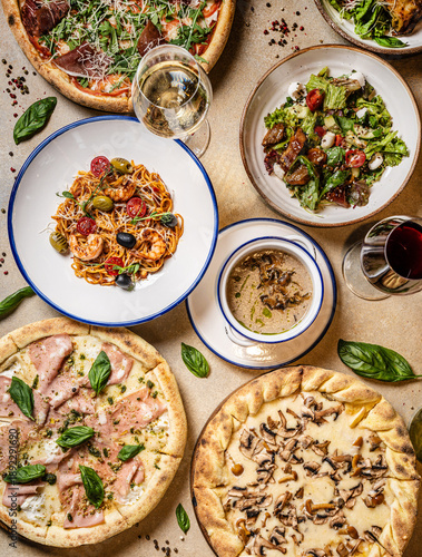 Italian Restaurant Table with Assorted Dishes