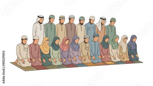 Islamic Prayer in Unison: A congregation of individuals, dressed in traditional attire, kneels in prayer, symbolizing devotion and communal worship.
