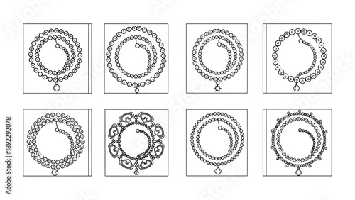 Elegant Necklace Designs: A set of intricate, detailed illustrations of elegant necklace designs, showcasing various styles, patterns, and embellishments for fashion and jewelry concepts.