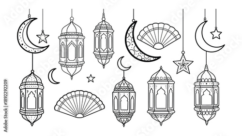 Celestial Celebration: Intricate line art depicts a collection of traditional lanterns, crescent moons, and stars. They are a timeless illustration of cultural and religious motifs.
