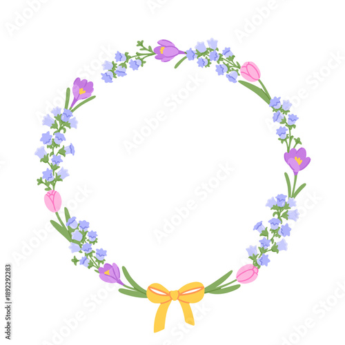 Wreath or frame of bellflowers, tulips, crocuses sativus with yellow bowknot. Gentle delicate spring flowers