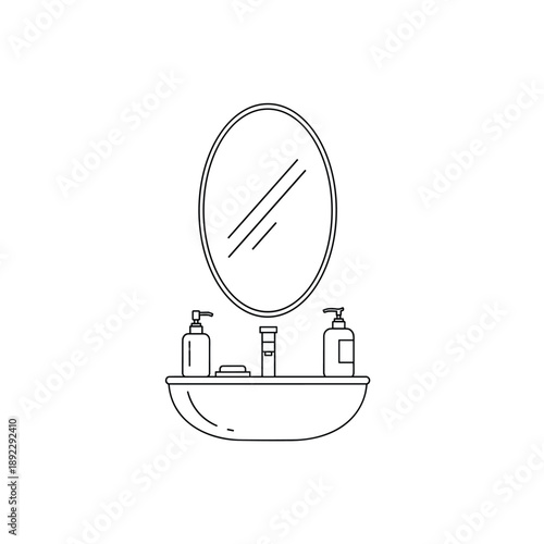 Bathroom sink with mirror and toiletries on white background vector
